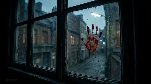 Bloody handprint on window glass, dark horror scene in old city street, spooky crime scene atmosphere with blood splatter