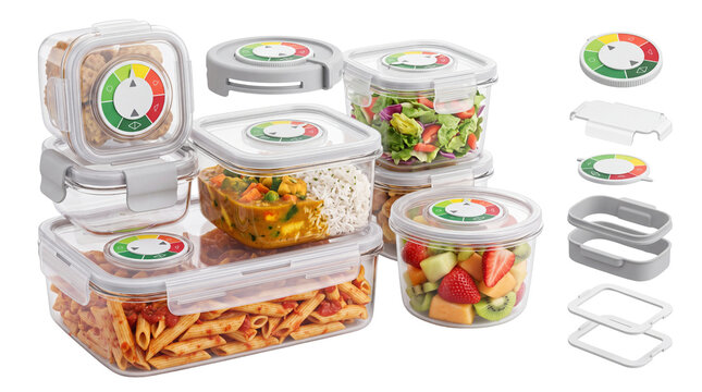 Reusable glass food storage containers with airtight lids, meal prep vacuum seal boxes for kitchen organization, clear plastic bento set isolated PNG with Transparent Background