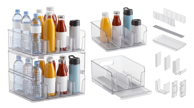 Clear plastic refrigerator organizers with dividers, stackable kitchen storage bins for bottles and drinks, pantry organization set isolated PNG with Transparent Background