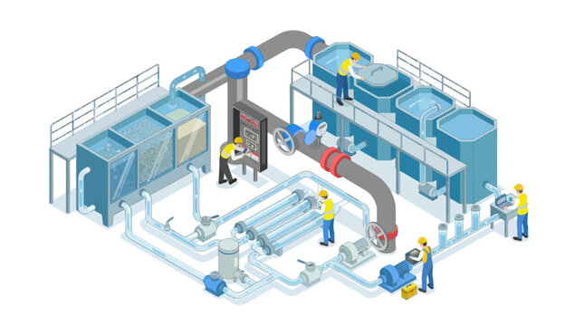 Industrial water treatment plant with workers and complex machinery.