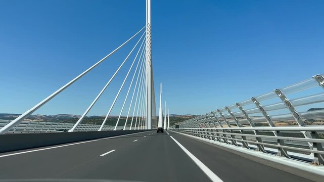 View of the Viaduct Bridge in Millau. Cable-stayed bridge in France. Traffic movement across the bridge.