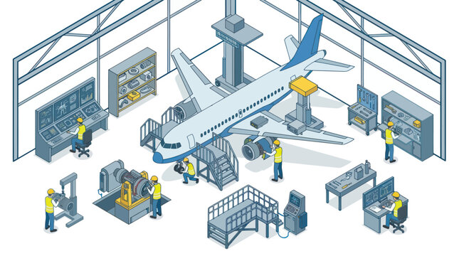 Isometric Airplane Maintenance Hangar with Workers and Equipment.
