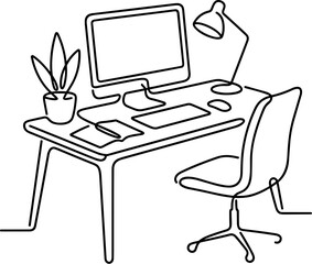Fototapeta premium Minimalist Line Art Desk Setup with Computer Lamp Plant and Chair