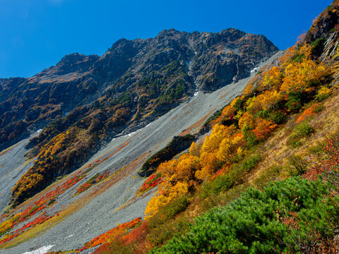 Autumn foliage at Karasawa Cirque with Mt. Okuhotaka under clear blue sky in late September / 9月下旬の澄み切った青空が広がる涸沢カールと朝日に映える奥穂高岳の紅葉