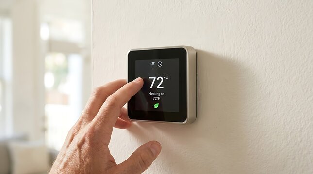 Person adjusting smart digital thermostat on wall to 72 degrees. Modern home automation and HVAC control panel interface with touch screen for energy saving and comfort.