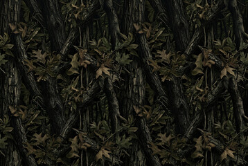 Fototapeta premium Seamless Dark Woodland Camouflage Pattern | Vertical Tree Bark Texture with Oak Leaves | Night Forest Camo Print for Fabric, Apparel & Background Design