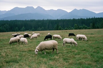 Naklejka premium The Sheep Grazing in a Mountain Meadow Under a Cloudy Sky