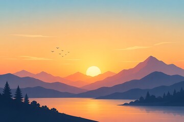 Fototapeta premium Sunset over mountains and lake with flying birds