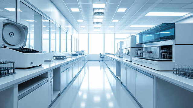 An empty specimen processing lab with a centrifuge, racks of empty tubes and an automated analyser along a receding counter, cool clinical lighting.