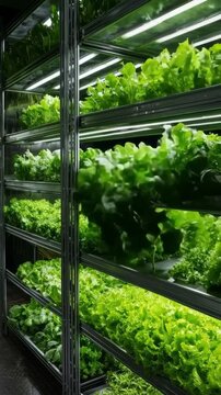 Vertical farm racks growing fresh leafy greens and lettuce under led lights, vertical