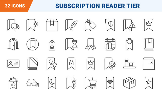 Bookmark Book Subscription Tier Web Icon Set in Linear Style. Collection of reader club line icons, including membership, package, delivery, benefits, literary, catalog.