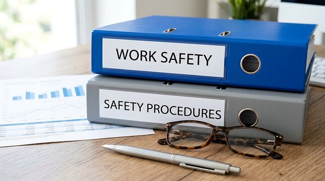 Work Safety and Safety Procedures binders with glasses and pen on office desk