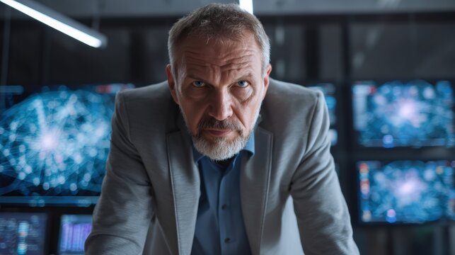 Serious senior businessman leaning forward in modern office