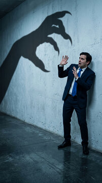 Scared businessman facing a shadowy monster hand, symbolizing fear, danger, and business challenges in a dark, concrete environment