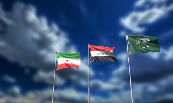 iran iranian iraq saudi arabia flag waving country national middle east crude oil energy power border blue sky cloudy background wallpaper iran iranian iraq suadi arabia economy business usa america