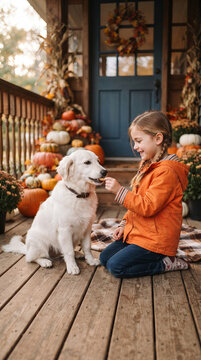 Girl feeding a dog on a wooden porch decorated with pumpkins, signifying autumn, harvest, and companionship