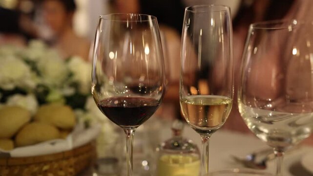 Red and White Wine Glasses at a Celebration, Celebration, Party, Fine Dining Concept.