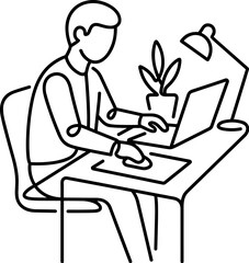 Fototapeta premium Man Working on Laptop at Desk with Plant and Lamp Line Art Illustration