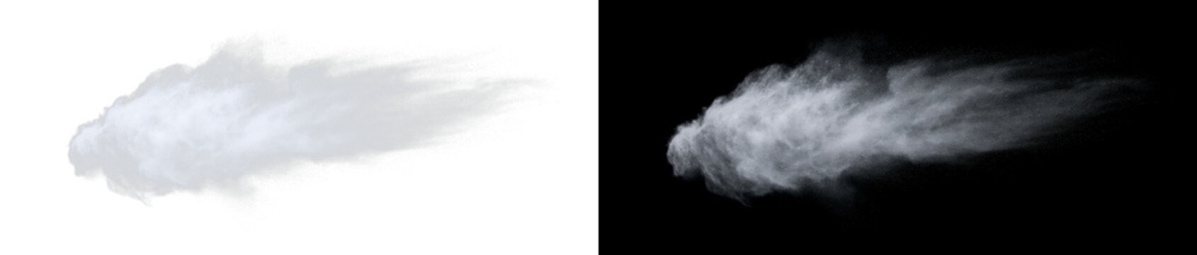 Horizontal white snow powder blast on transparent and black background. Dynamic dust cloud trail effect. Winter wind particle stream. Dynamic burst of white powder PNG