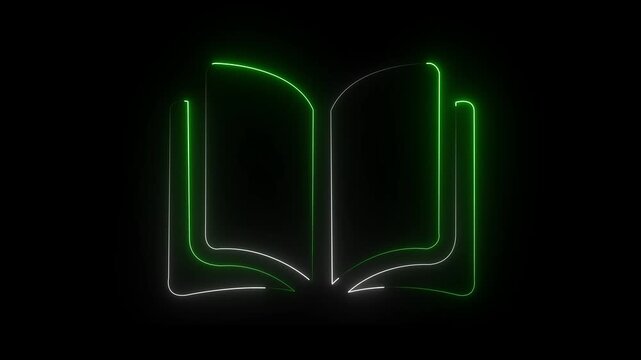 Neon open symbol digital book library, school read, university education, open book. Glowing neon vertical book icon animation. Neon open book icon with glowing light effect, education