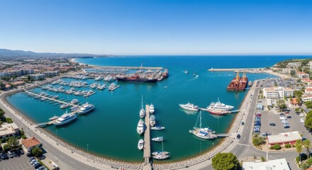 Fototapeta premium Aerial Panorama of a Bustling Marina Harbor Filled with Yachts and Ships Under a Clear Blue Sky