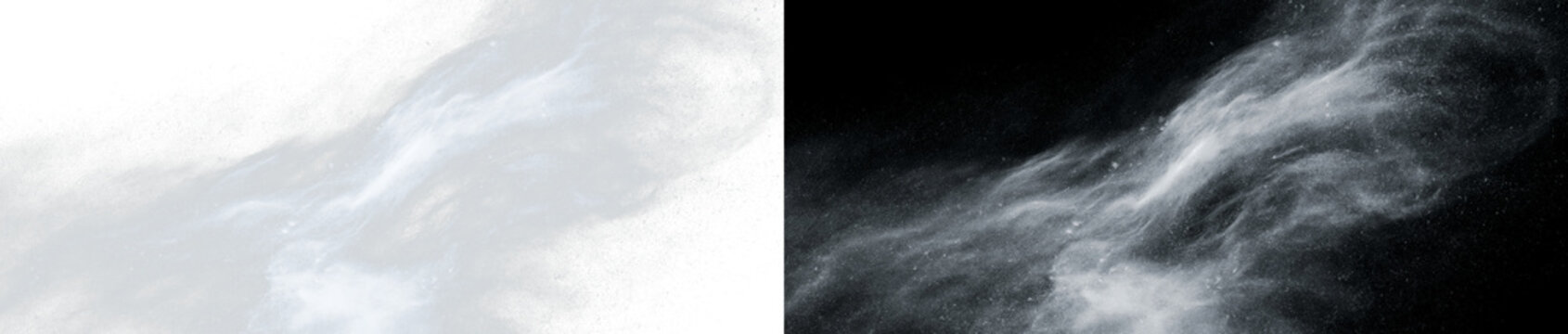 Swirling white snow particles on transparent and black background. Dynamic powder dust or smoke overlay effect. Winter blizzard wind motion graphic element. Overlay effect for winter scenes