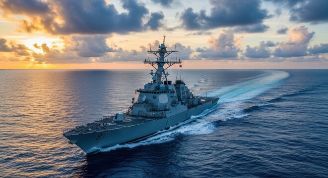 Advanced US Navy Destroyer Powerfully Sailing Across the Ocean Waves at Sunset