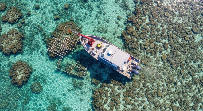 Aerial view of marine restoration workboat operating on vibrant coral reefs in clear ocean waters