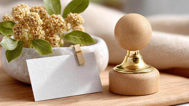 Blank textured business card next to wooden stamp and dried flowers on tabletop for stationery mockup and branding presentation