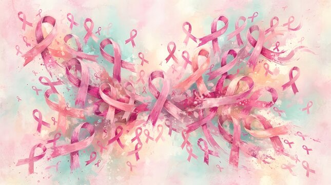 A beautiful artistic illustration featuring a breast cancer awareness month pink ribbon design on a soft pastel watercolor background for medical support and charity campaigns