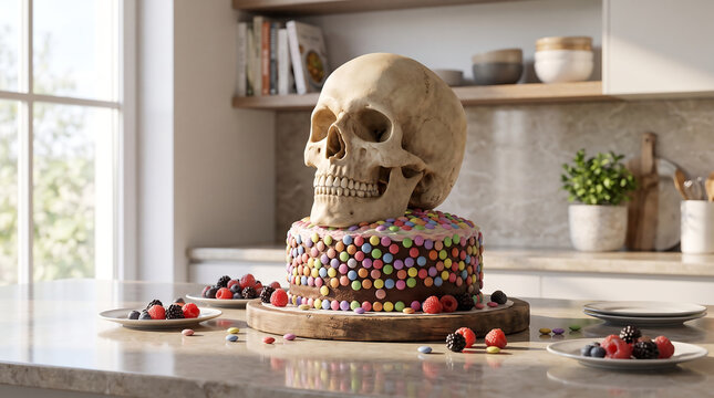Surreal Silliness still life featuring a realistic skull balanced on a colorful candy-covered celebration cake in a kitchen