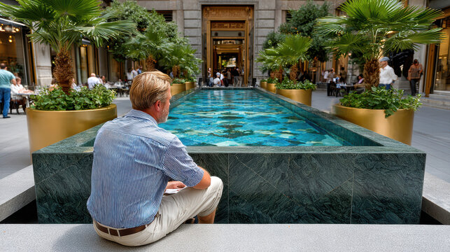 Man sitting by an ornate marble courtyard fountain in damascus travel destination for banner background and poster design