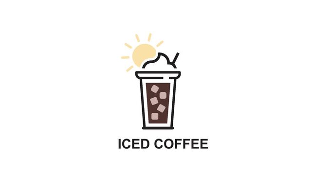 Iced coffee glass with ice cubes and sun icon.