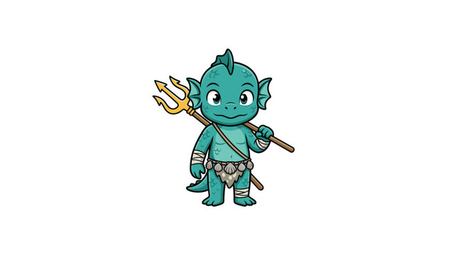 Cute blue merman holding golden trident cartoon character isolated