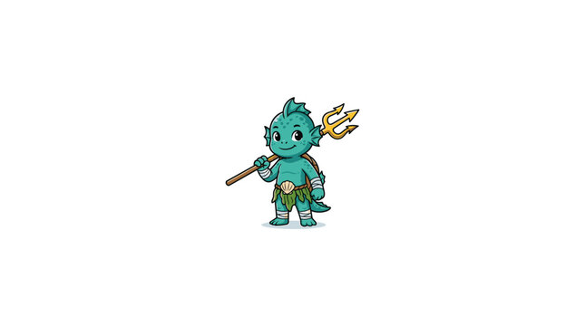 Cute cartoon merman character holding golden trident on isolated background