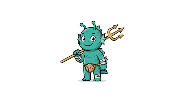 Cute cartoon merman character holding golden trident weapon standing on white