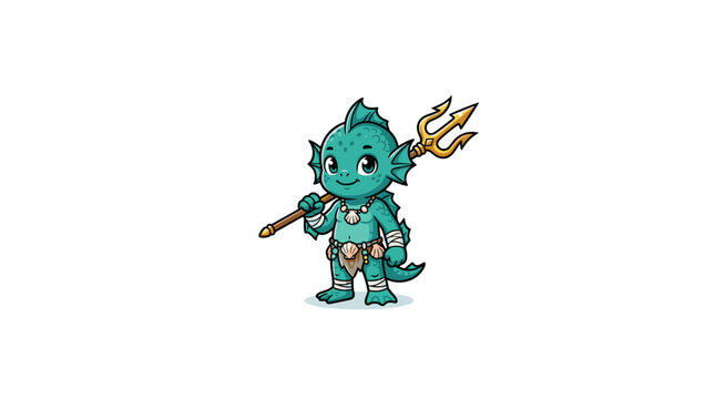Cute cartoon merman holding golden trident standing against white background