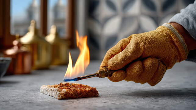 Closeup gloved hand using a torch flame on a soldering block for home repair and plumbing maintenance background for tutorial or banner design
