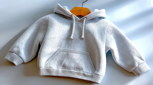 White kids hoodie flat lay on hanger mockup with soft lighting for apparel product display and ecommerce background