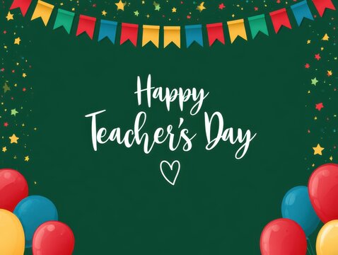 Happy teacher's day greeting card with colorful balloons and banners