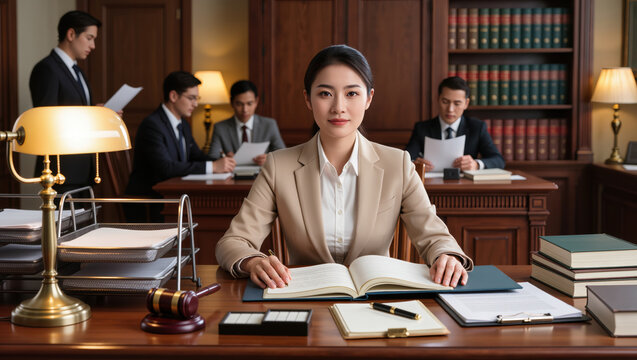Court case preparation with attorney at desk, open law books, gavel and support team for litigation review, client consultation and justice service.