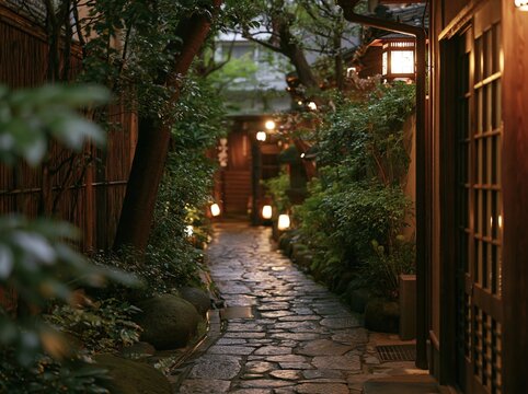 雨に濡れた石畳を行灯の温かい光が優しく浮かび上がらせる和風庭園