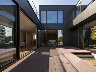Fototapeta premium 夕方に温かい室内灯が漏れる美しいウッドデッキの中庭がある住宅