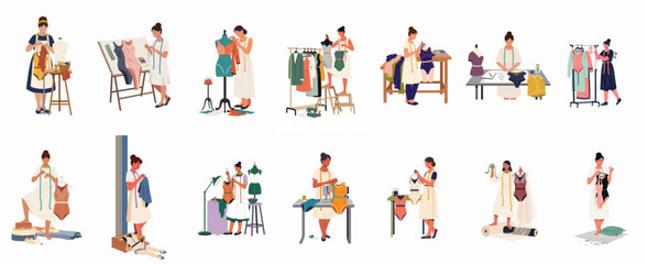 Fototapeta premium Set of flat vector illustrations showing women in various roles as fashion designers, seamstresses, and tailors working in their studio on white background.