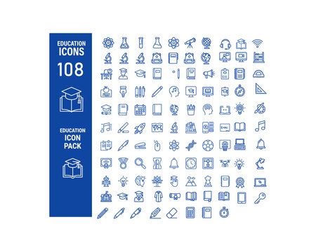 Education icon pack with various learning symbols and school objects on a blue background
