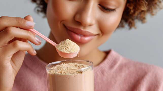 Woman scooping vanilla powdered supplement into glass for protein shake background and wellness product banner design