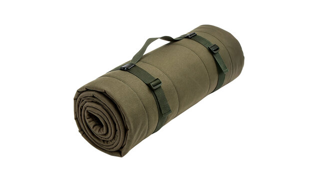 Rolled green camping sleeping pad or mat isolated on transparent background