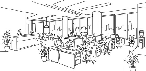 Fototapeta premium Modern Office Interior with People Working at Desks and Reception Area