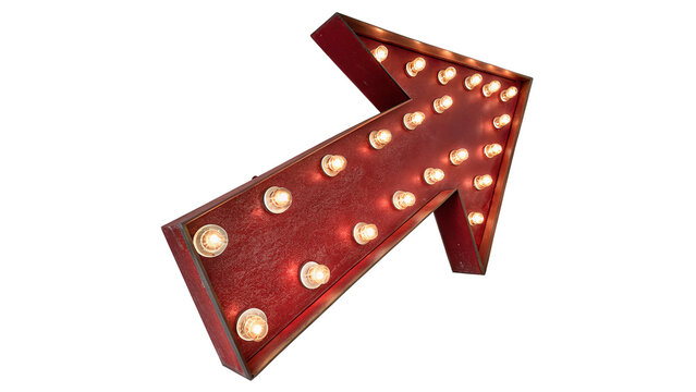 Vintage metal marquee arrow sign with light bulbs isolated on transparent background