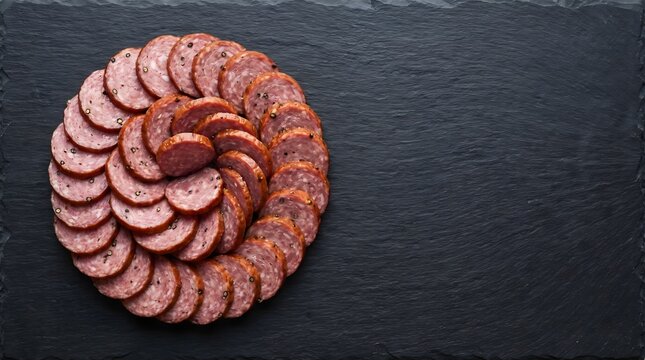 Sliced dried sausage arranged in a spiral pattern on dark slate board